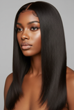 Beautiful dark skinned model wearing a 4x4 closure, 18 inch, natural colored straight unit 