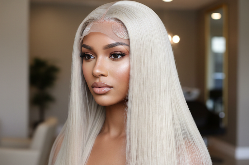 Beautiful realistic model wearing 18 inch, color 613 straight, 4x4 closure unit 