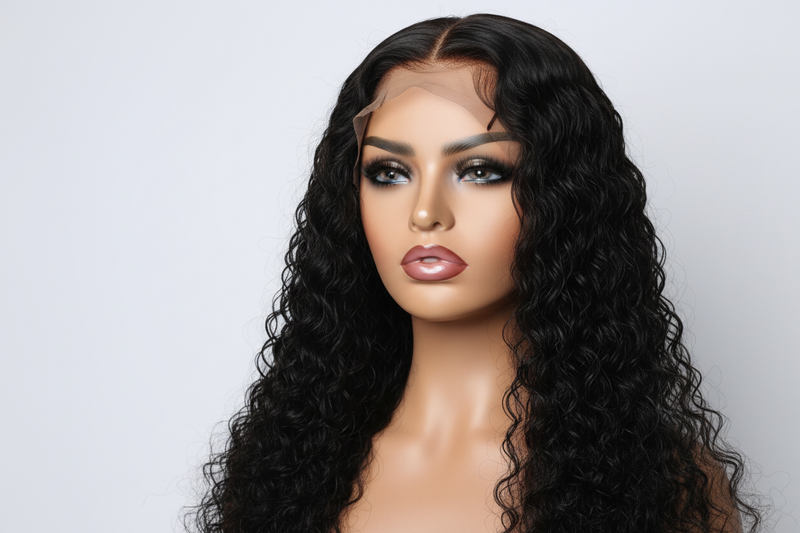 Realistic 20” deep wave 4x4 lace unit on mannequin with a beat face 